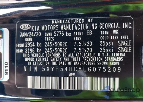 2020 Kia Telluride Sx from USA, damaged, VIN 5XYP54HC8LG075209